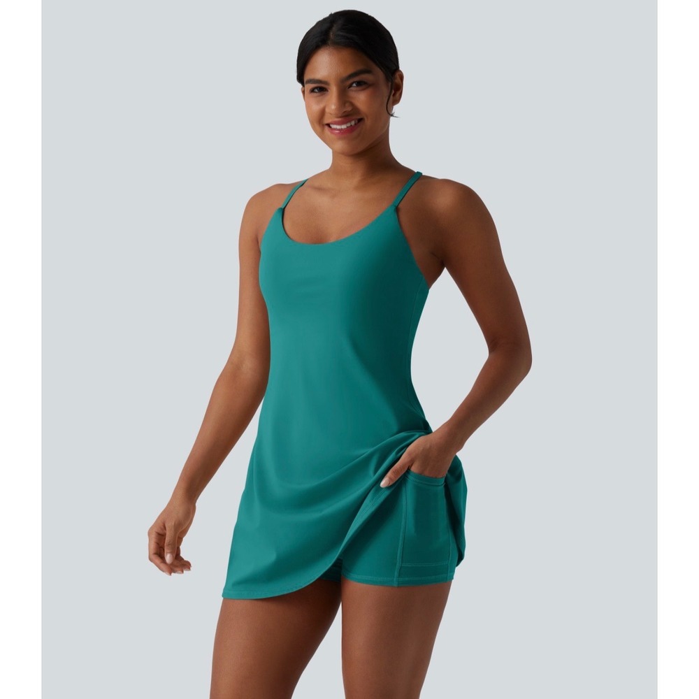 Halara Plush Tummy Control Active Dress Pockets Easy Peezy Teal Green S